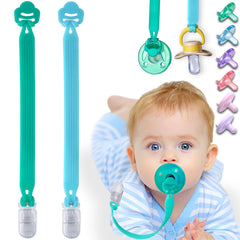 Qunland silicone pacifier clip with adapter ring on Avent Soothie, reducing loss.