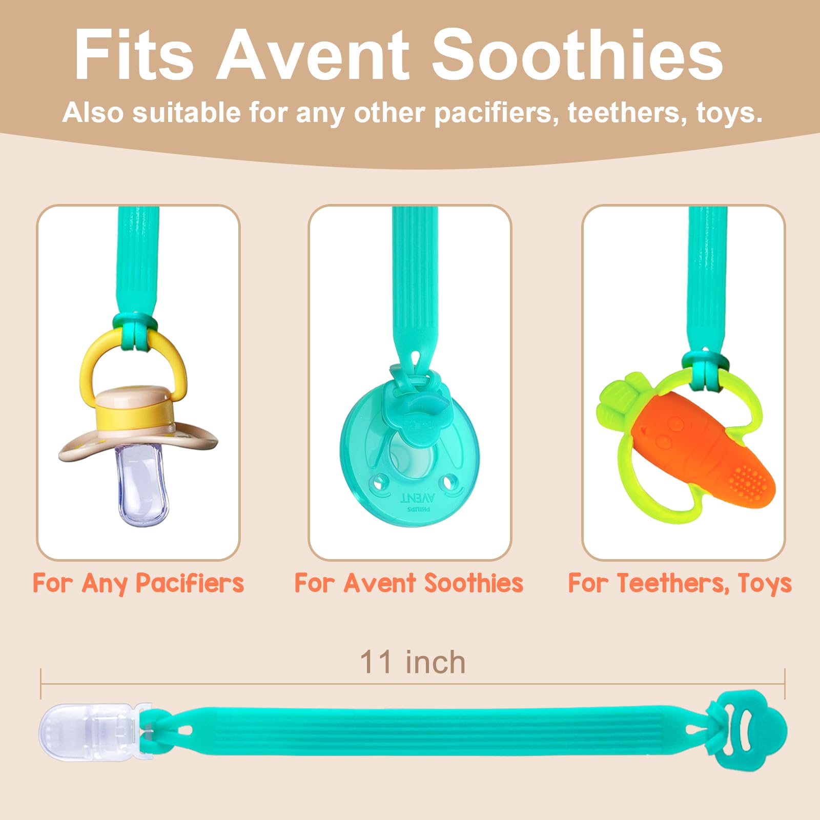 Qunland silicone pacifier clip with adapter ring keeps the pacifier close during strolls.