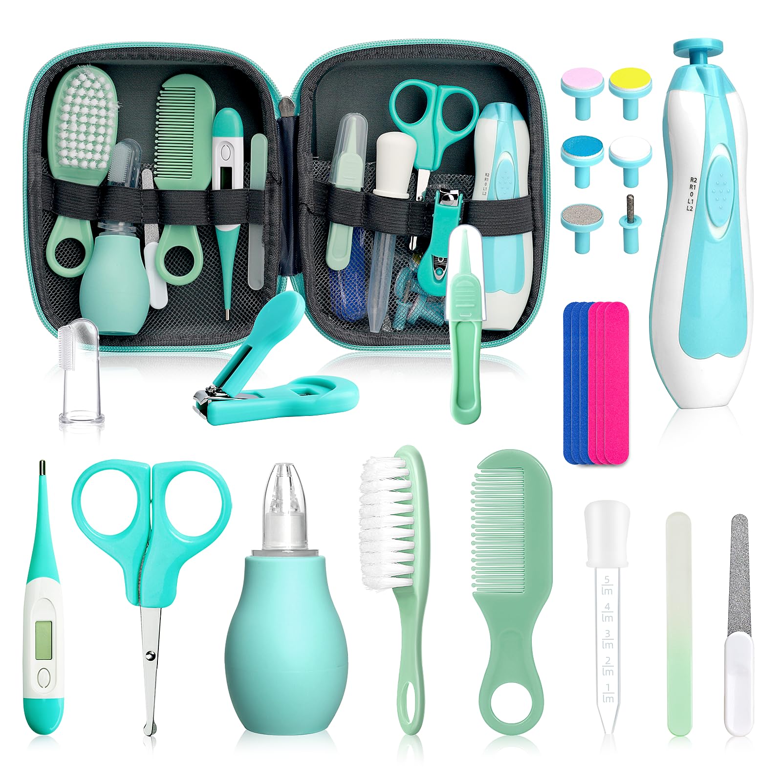 Qunlions Life baby grooming kit green case open for organized travel and easy access.