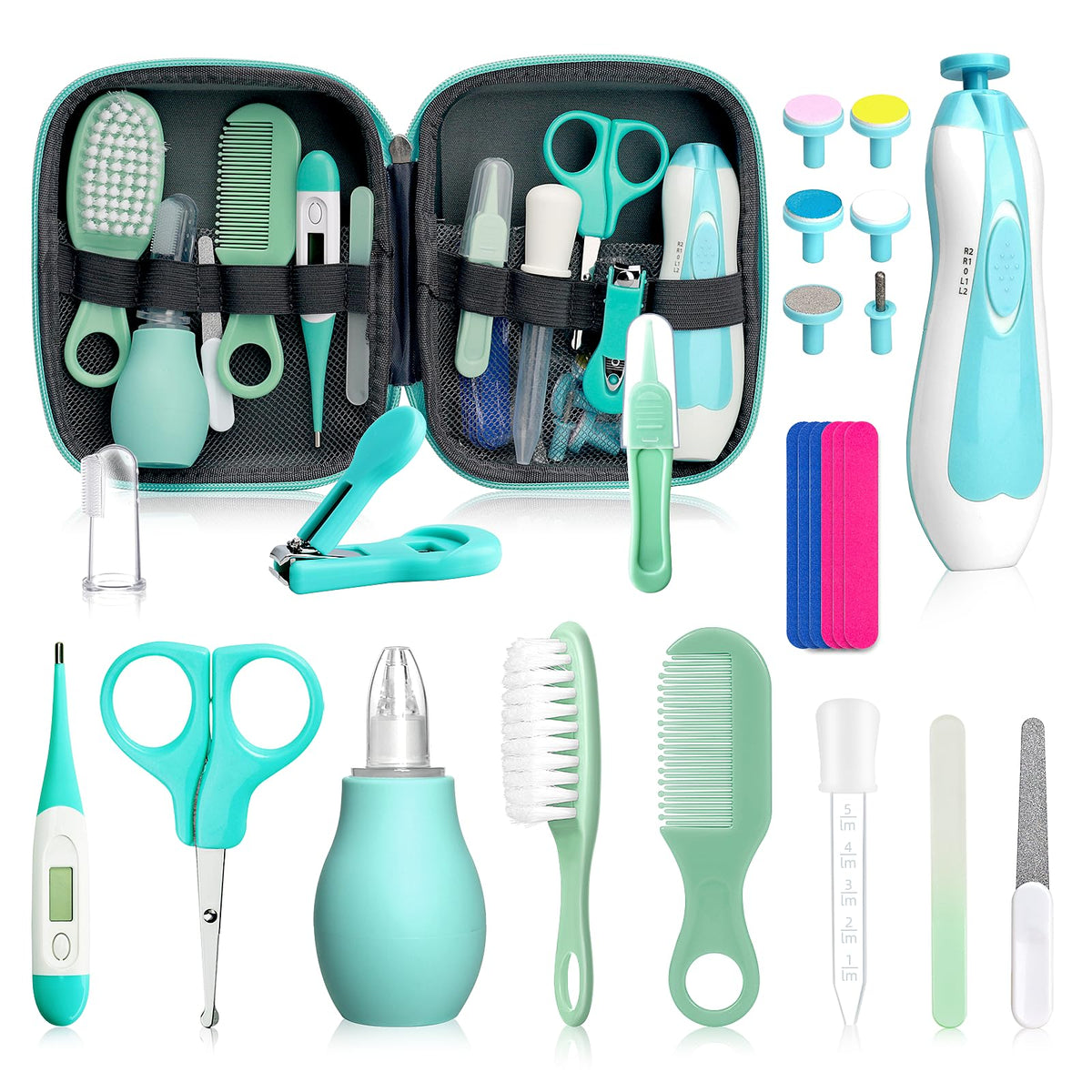 Qunlions Life baby grooming kit green case open for organized travel and easy access.