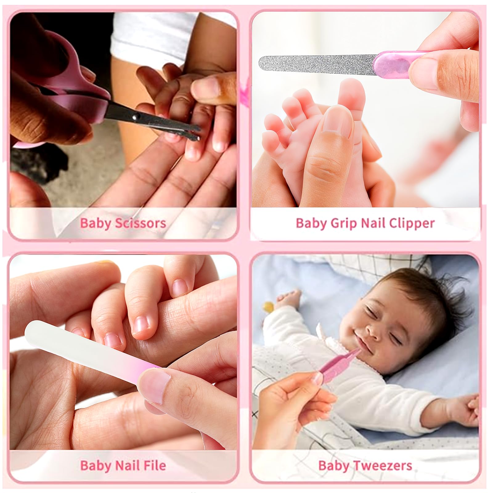 Qunlions life baby nail clipper closeup pink shows gentle, safe trimming.