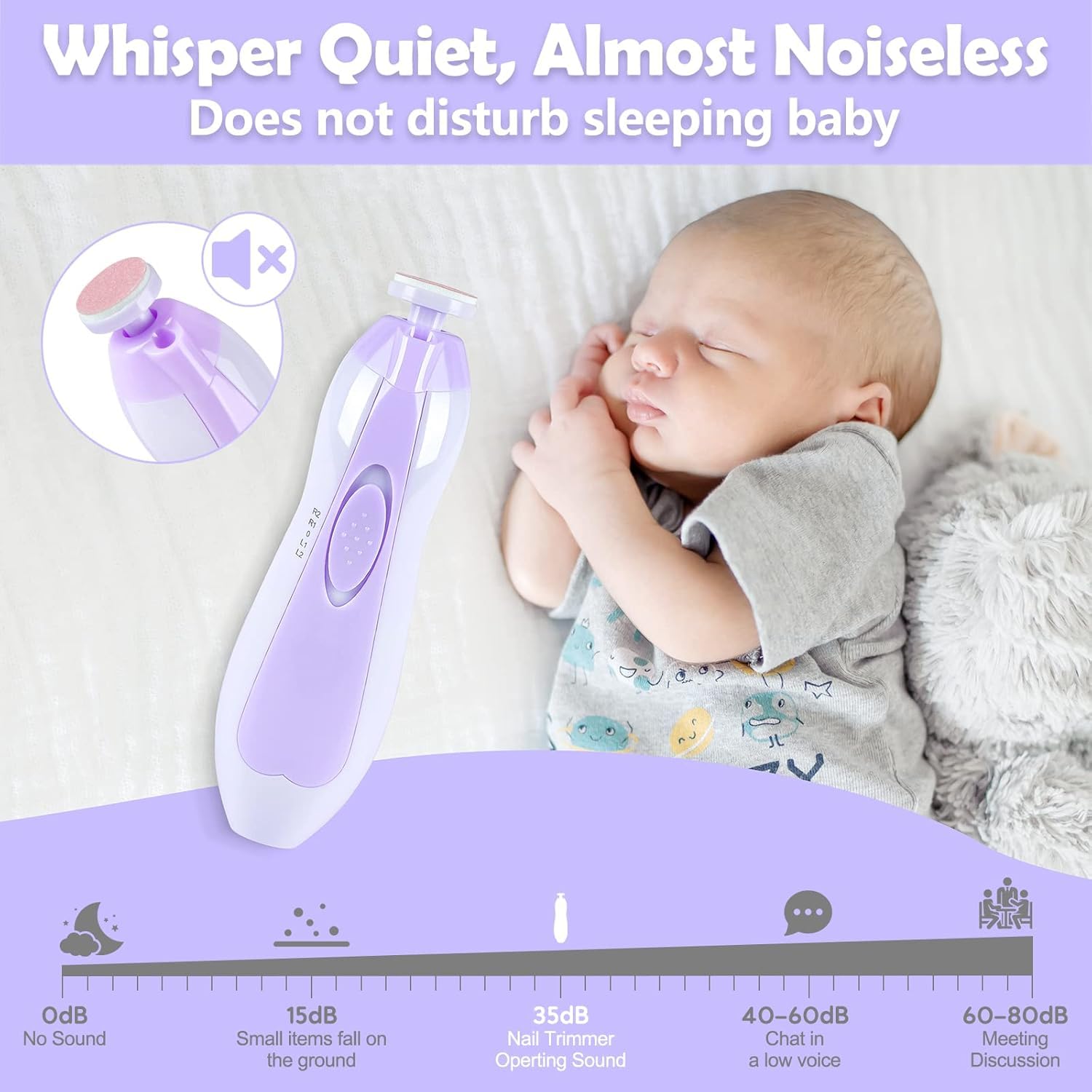 Qunlions Life baby nail trimmer purple adult attachments—versatile use for caregiver and adults.