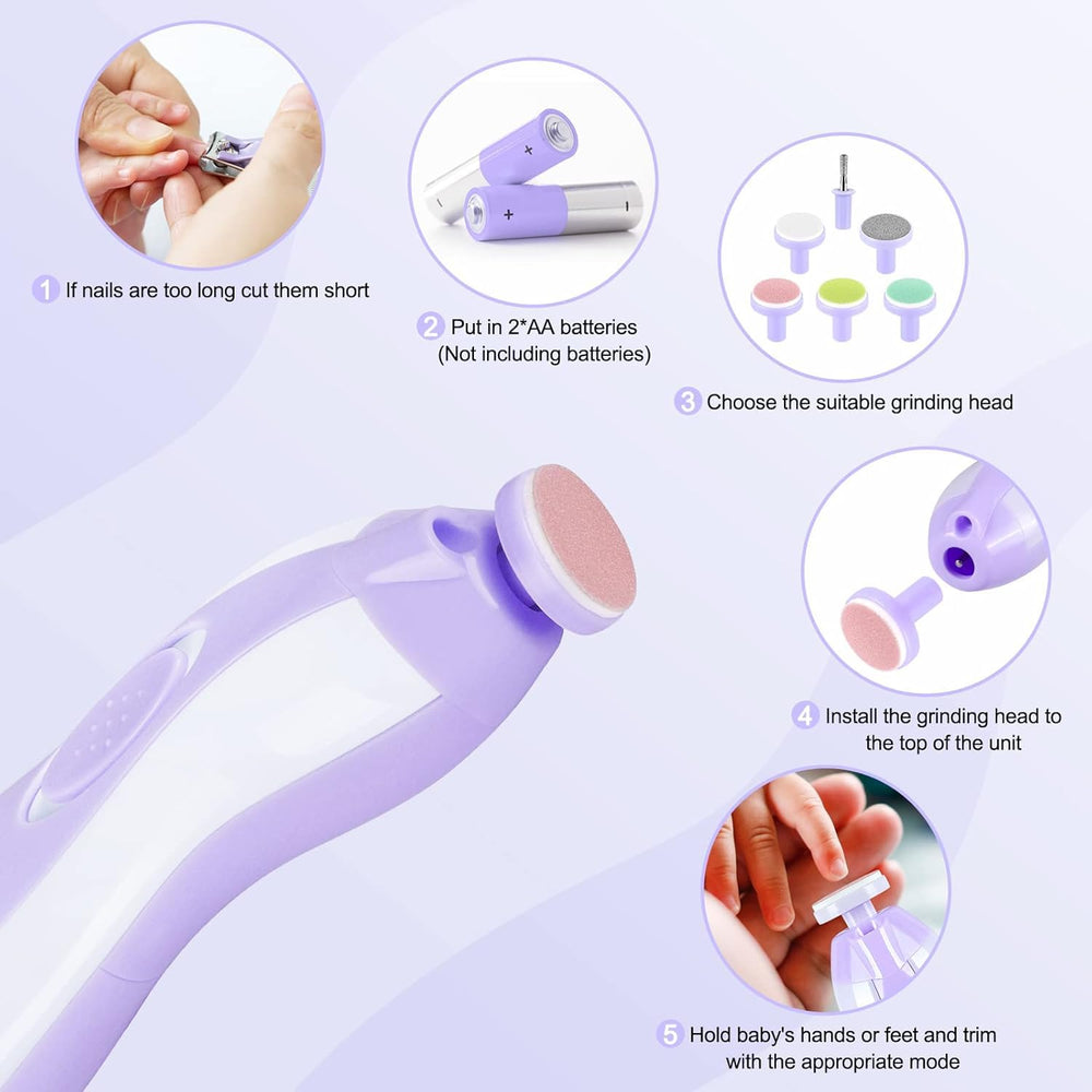 Qunlions Life baby nail trimmer purple whisper motor—noise-free grooming during naps.