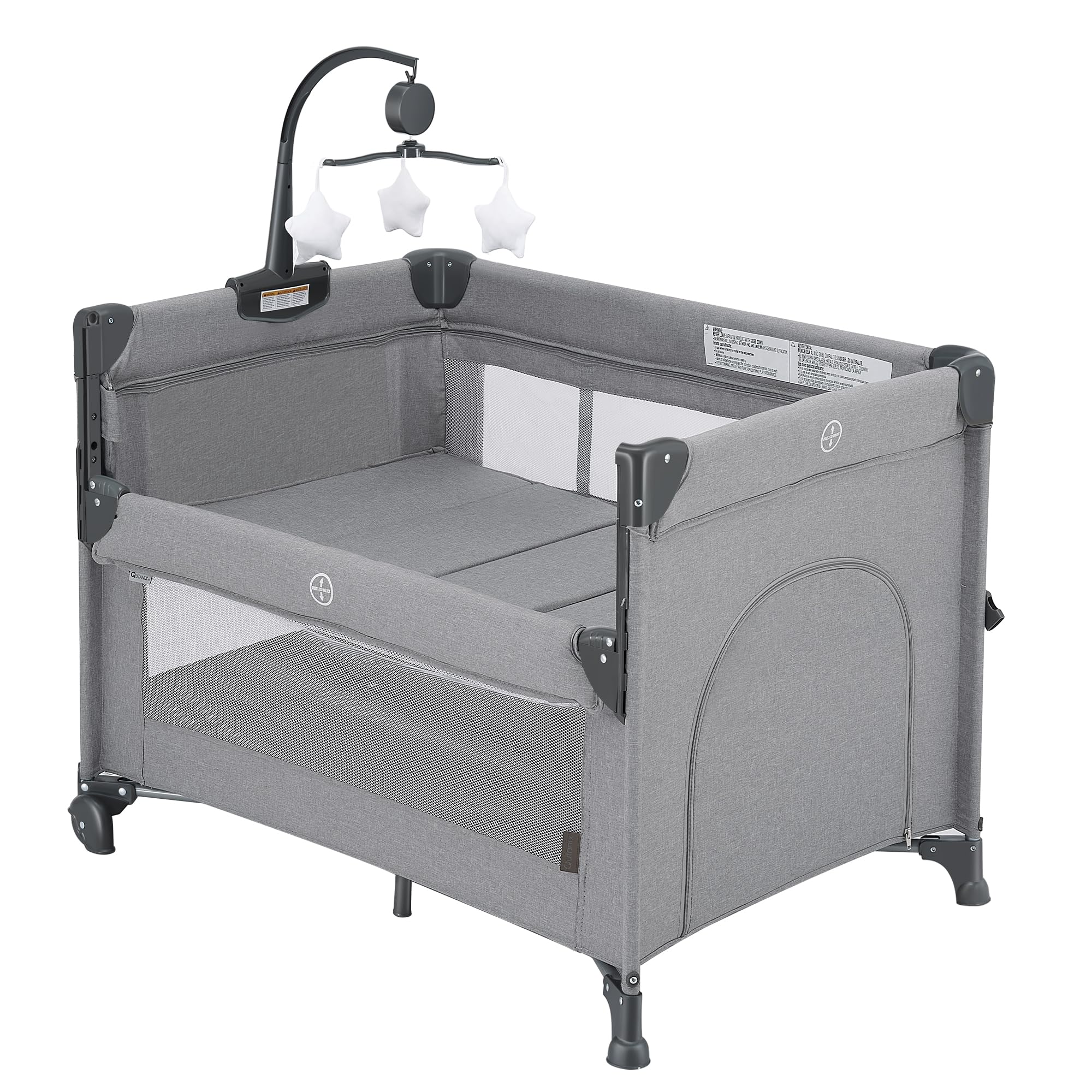 QUTANIX 2-in-1 bassinet pack-and-play grey ready for newborn sleep and quick setup