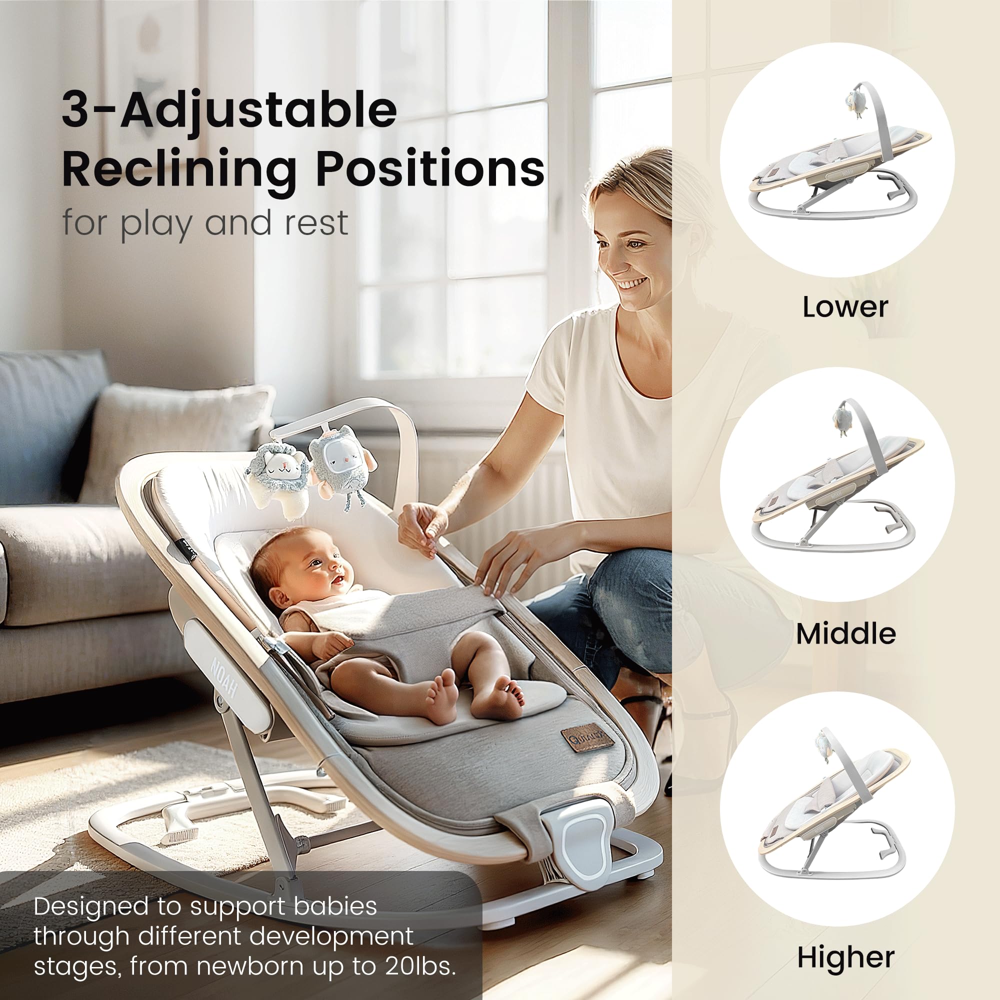 Qutanix 2-in-1 bouncer beige with three recline positions for growing babies