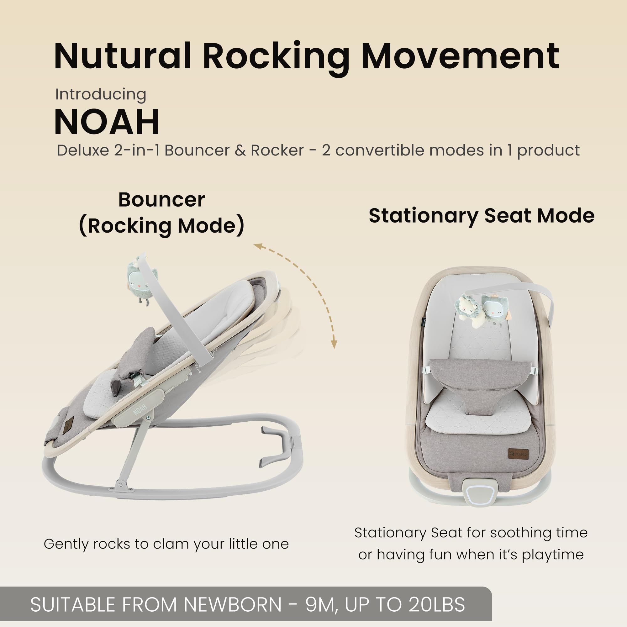 Qutanix 2-in-1 baby bouncer beige side view highlighting portability
