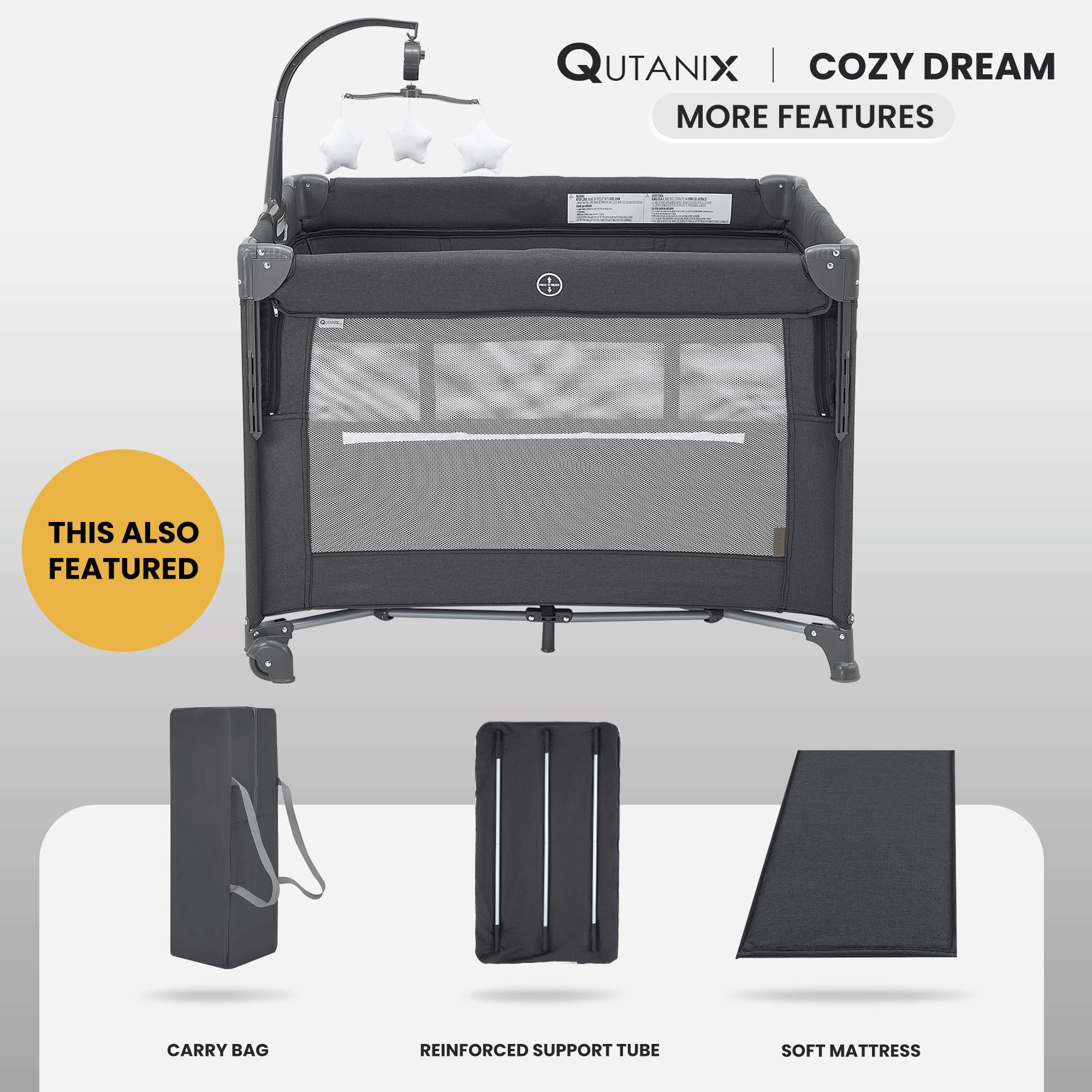 QUTANIX 3-tube-bassinet-frame: solid, stable support with 360° breathable mesh.