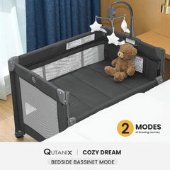 QUTANIX bassinet bedside-sleeper: easy access for night feeds and comforting checks.