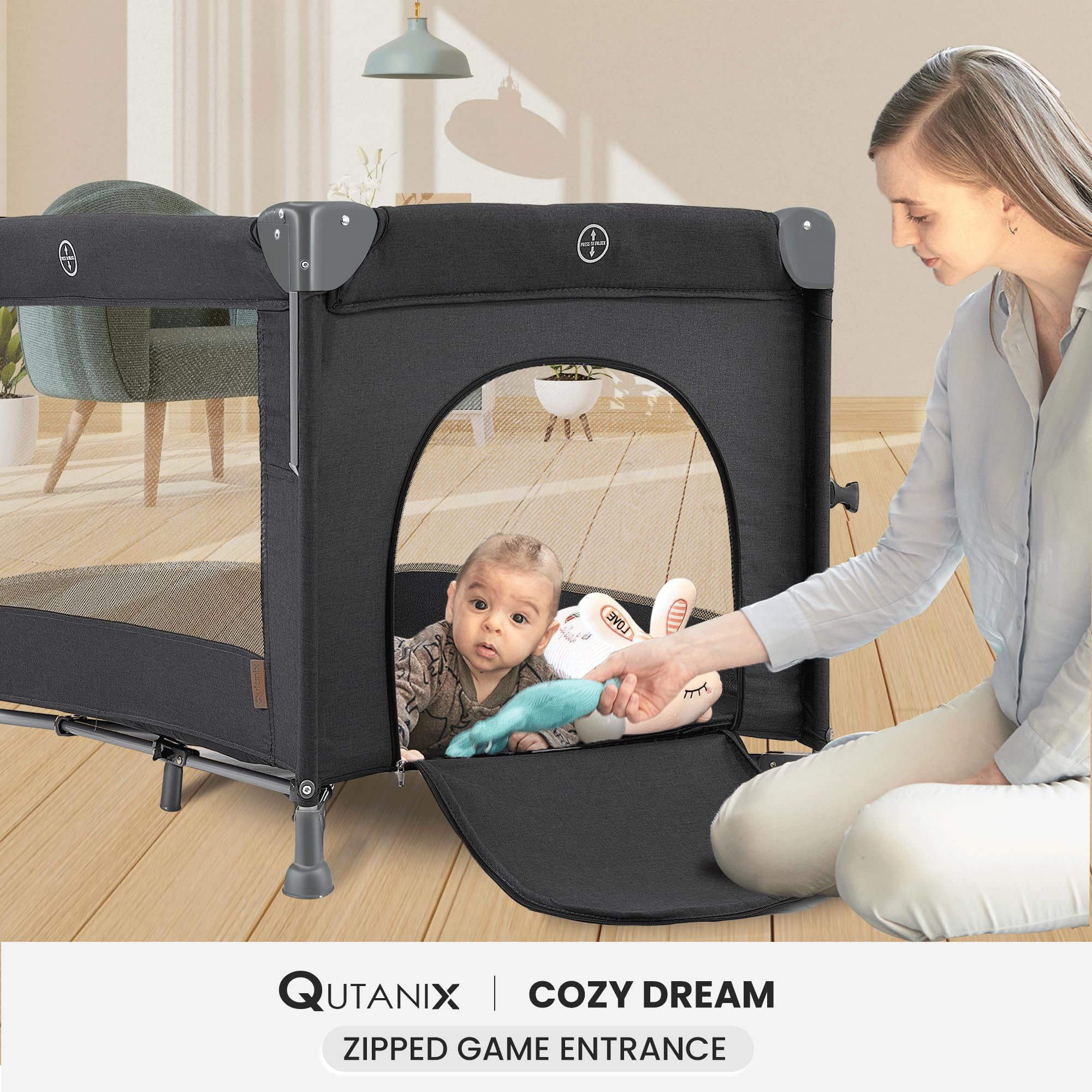 QUTANIX travel-folding-crib: compact, wheels, and tote bag for on-the-go parents.