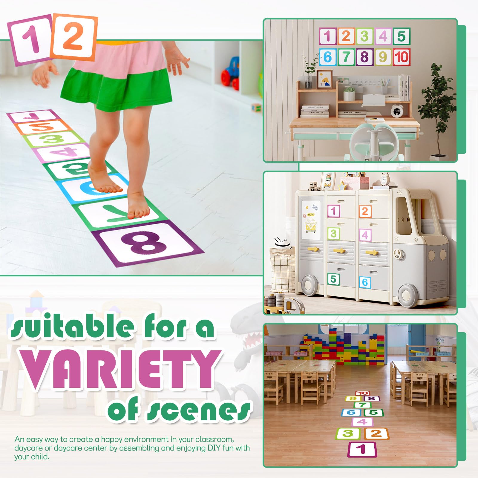 Quxddy number floor decals used in classrooms to reinforce counting activities