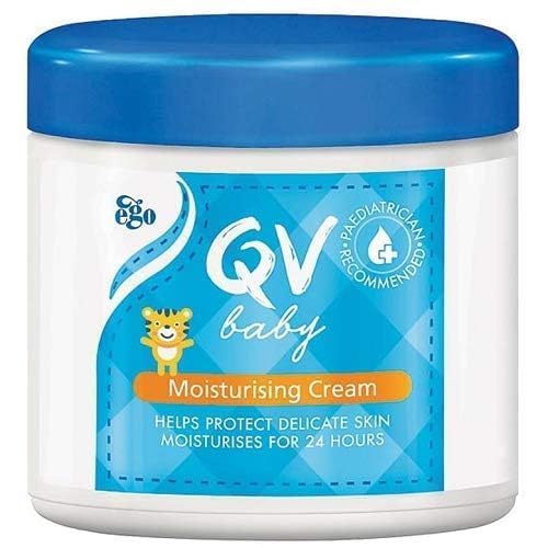 QV Baby Moisturising Cream 250g texture close-up showing smooth, non-greasy feel.
