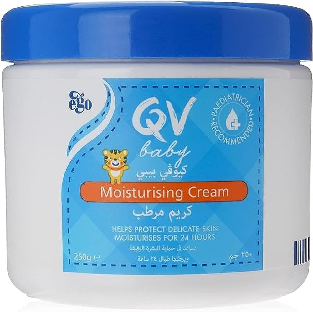 QV Baby Moisturising Cream 250g tube front view for gentle, long-lasting hydration.