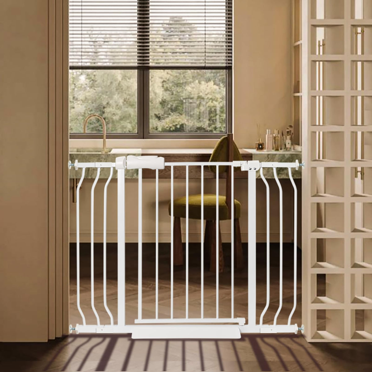 QwickNesty baby gate shows wide-width adjustment for stair openings, secure fit.