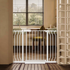 QwickNesty baby gate shows wide-width adjustment for stair openings, secure fit.
