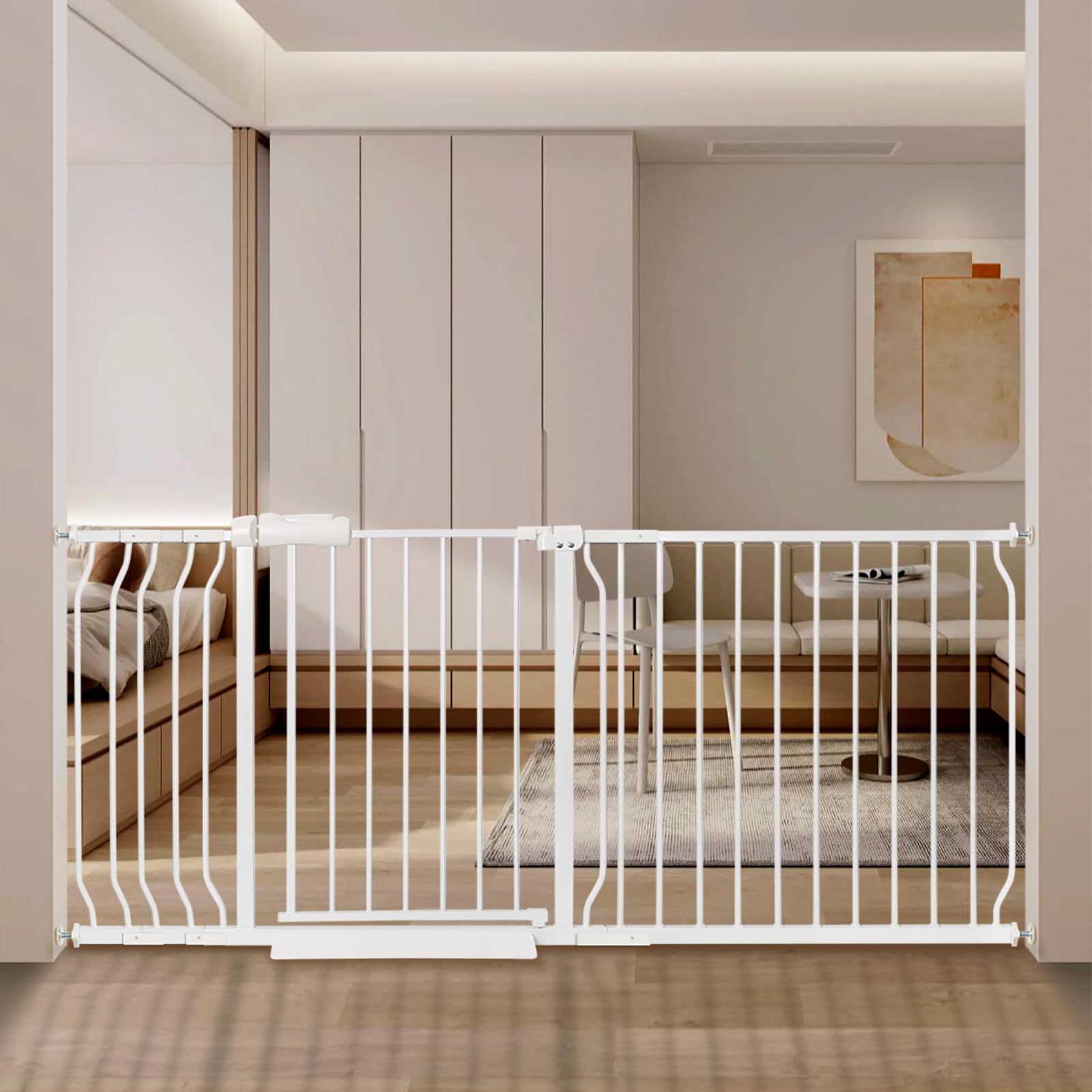 QwickNesty extra wide baby gate front view showing sturdy white frame for wide doorways
