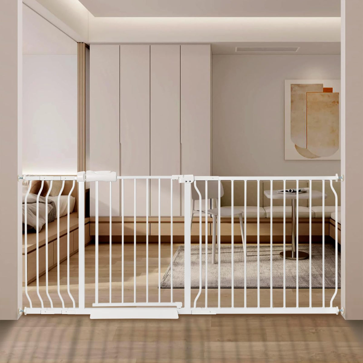 QwickNesty extra wide baby gate front view showing sturdy white frame for wide doorways