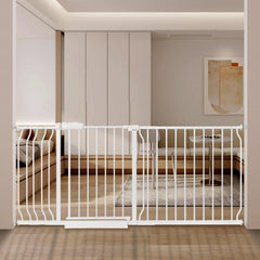 QwickNesty extra wide baby gate front view showing sturdy white frame for wide doorways