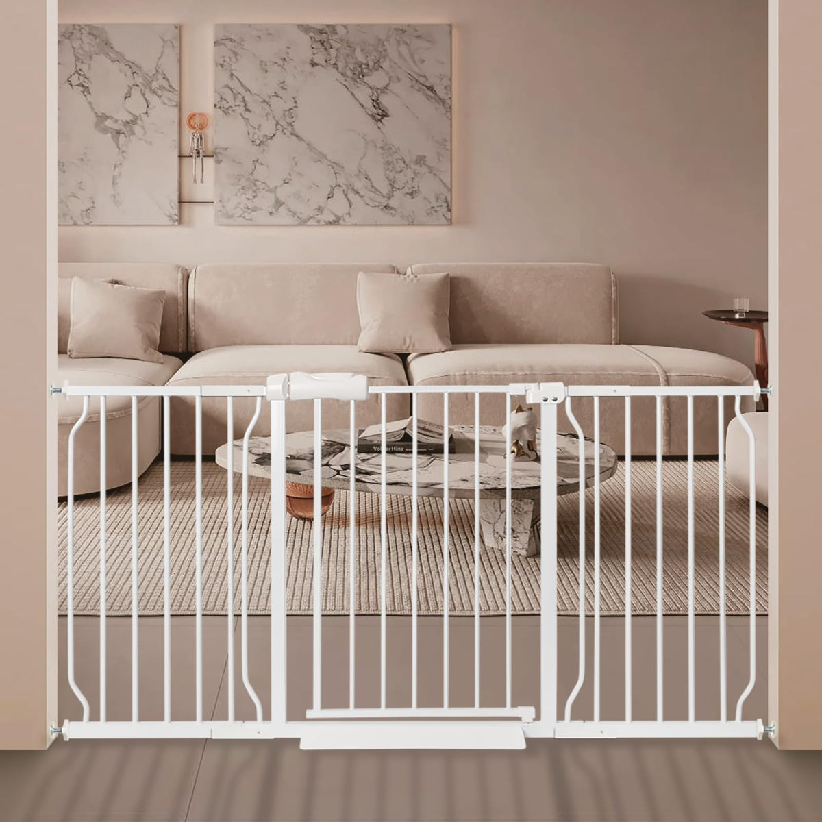 QwickNesty extra-wide gate closed blocks access safely for toddlers and pets in doorways.