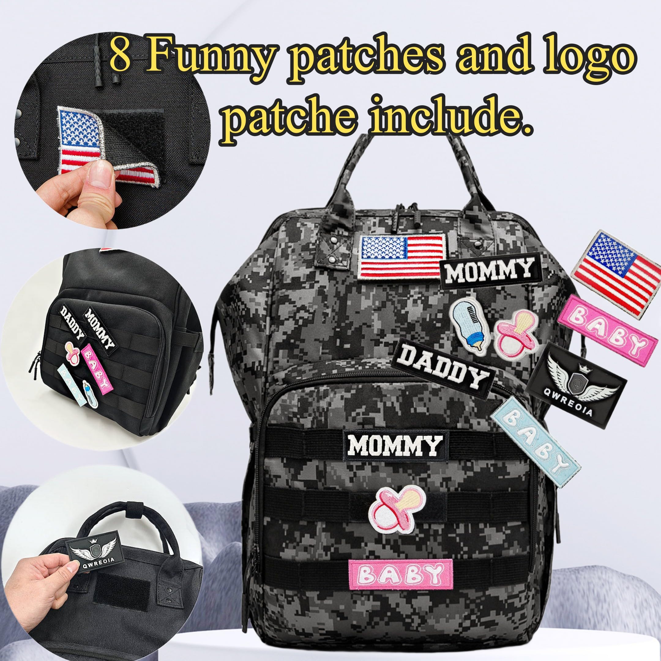 QWREOIA camo diaper bag back view emphasizes the stroller straps and ergonomic shape.
