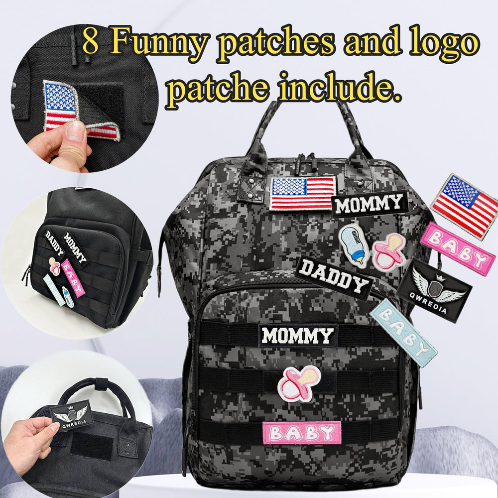 QWREOIA camo diaper bag back view emphasizes the stroller straps and ergonomic shape.
