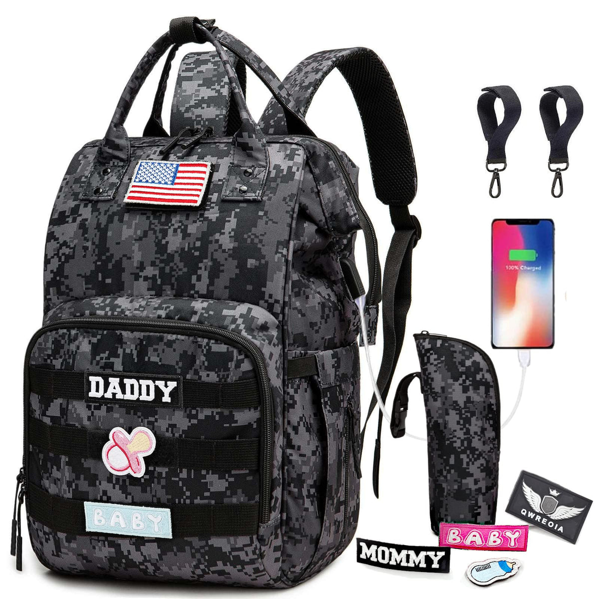 QWREOIA camo diaper bag backpack front view shows spacious compartments for easy organization.