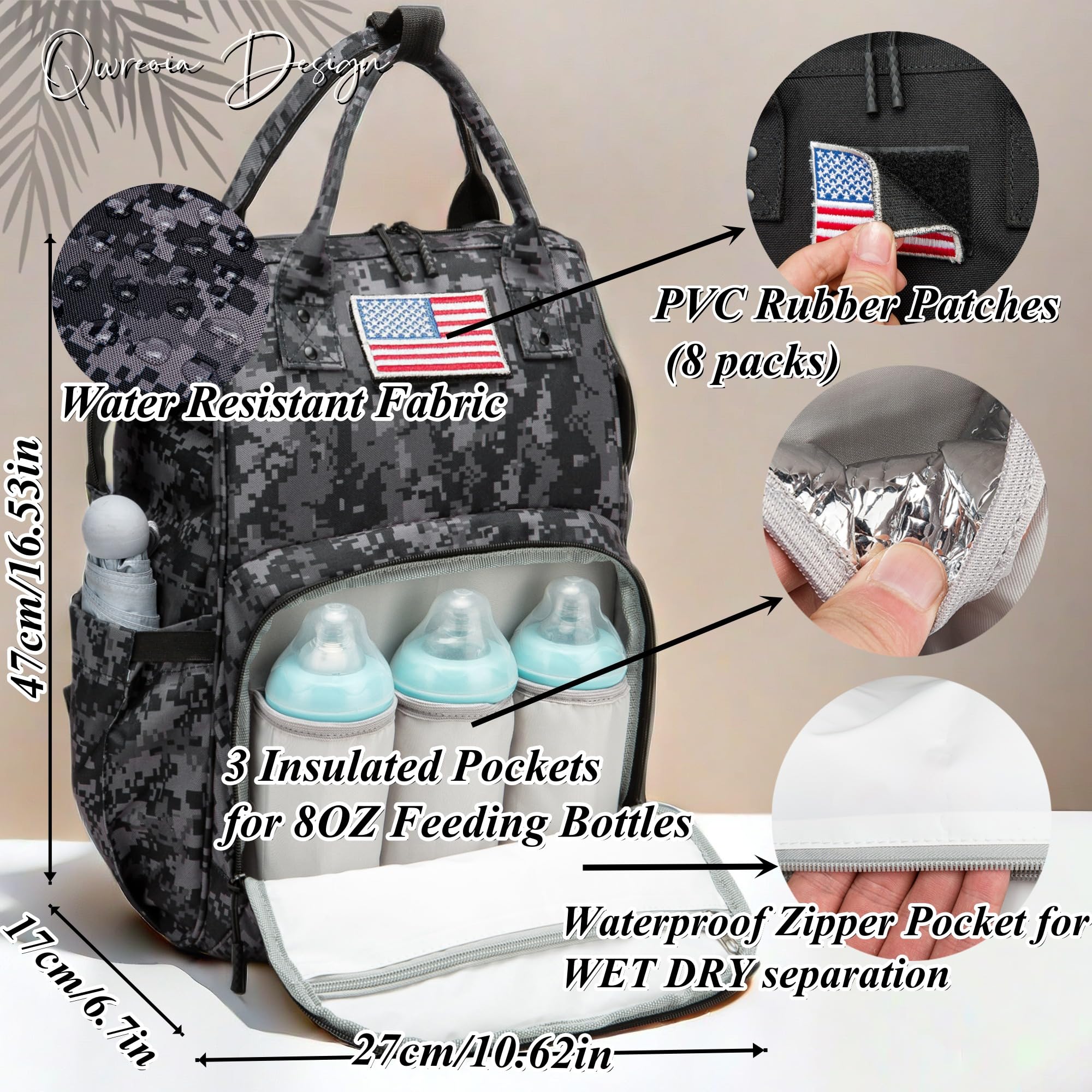 QWREOIA camo diaper bag backpack side view highlights multiple pockets for quick access.