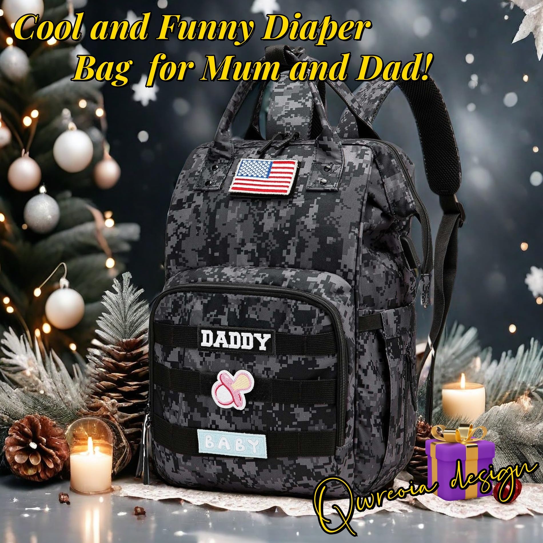 QWREOIA camo diaper bag changing pad included for comfortable on-the-go changes.