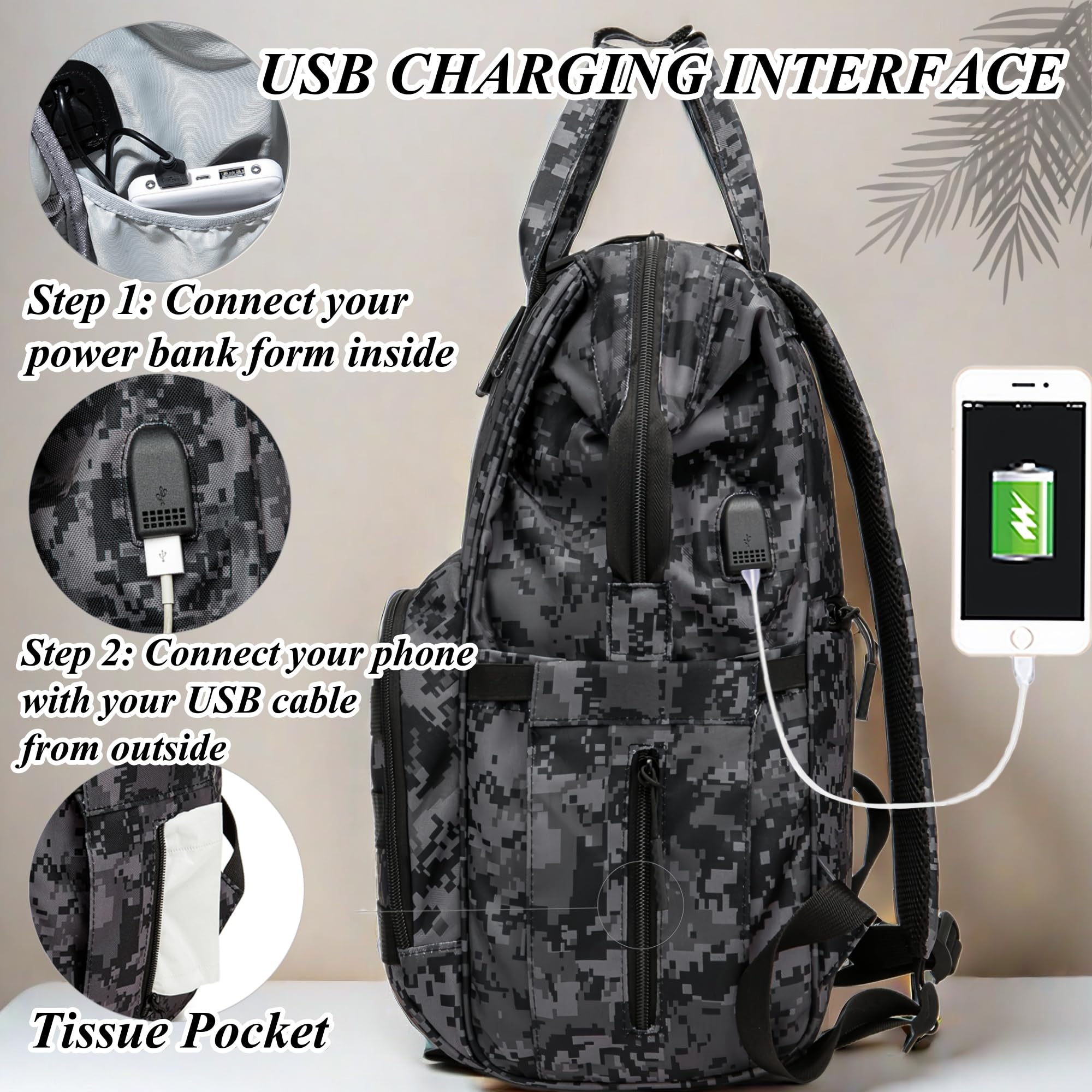 QWREOIA camo diaper bag insulated pocket opens to reveal bottle-cooling capability.