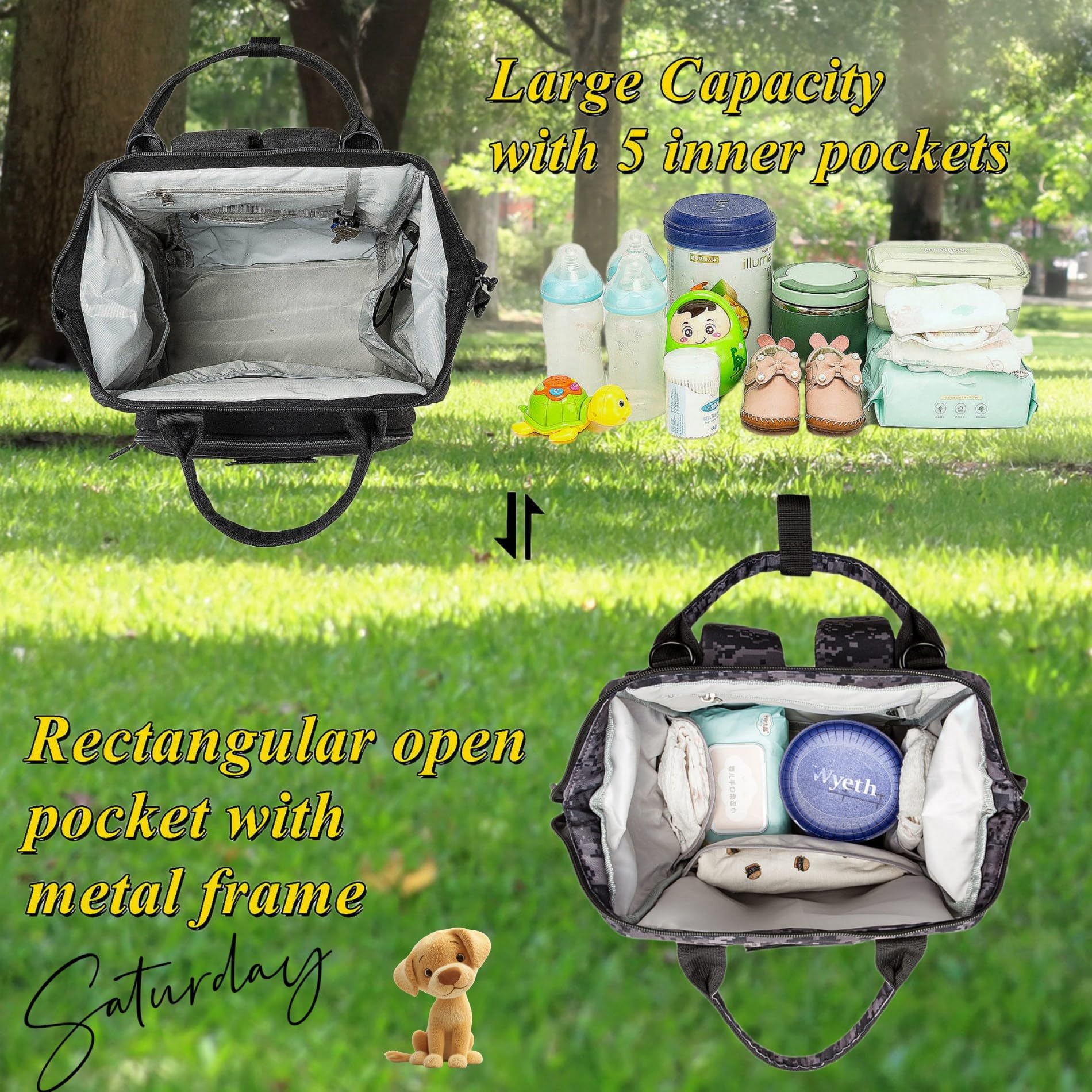 QWREOIA camo diaper bag patches close-up shows customizable style.