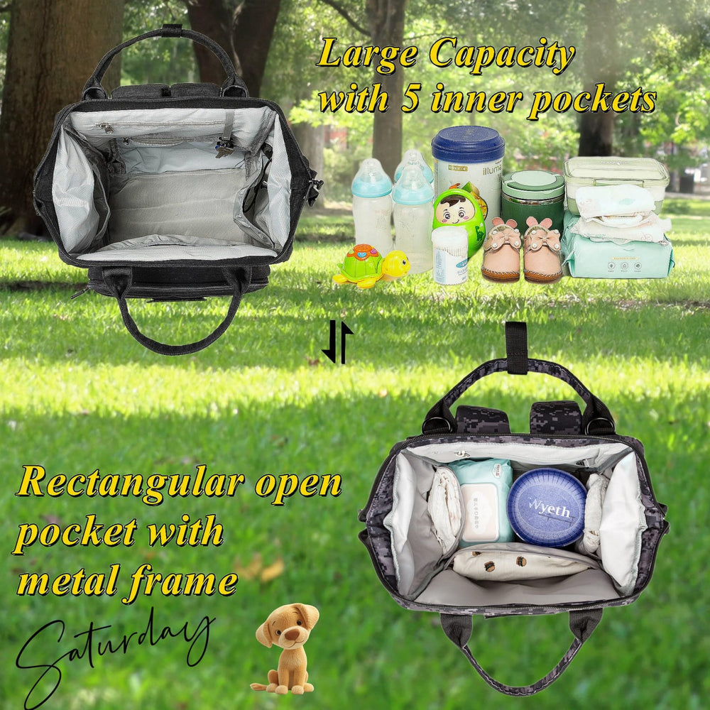 QWREOIA camo diaper bag patches close-up shows customizable style.