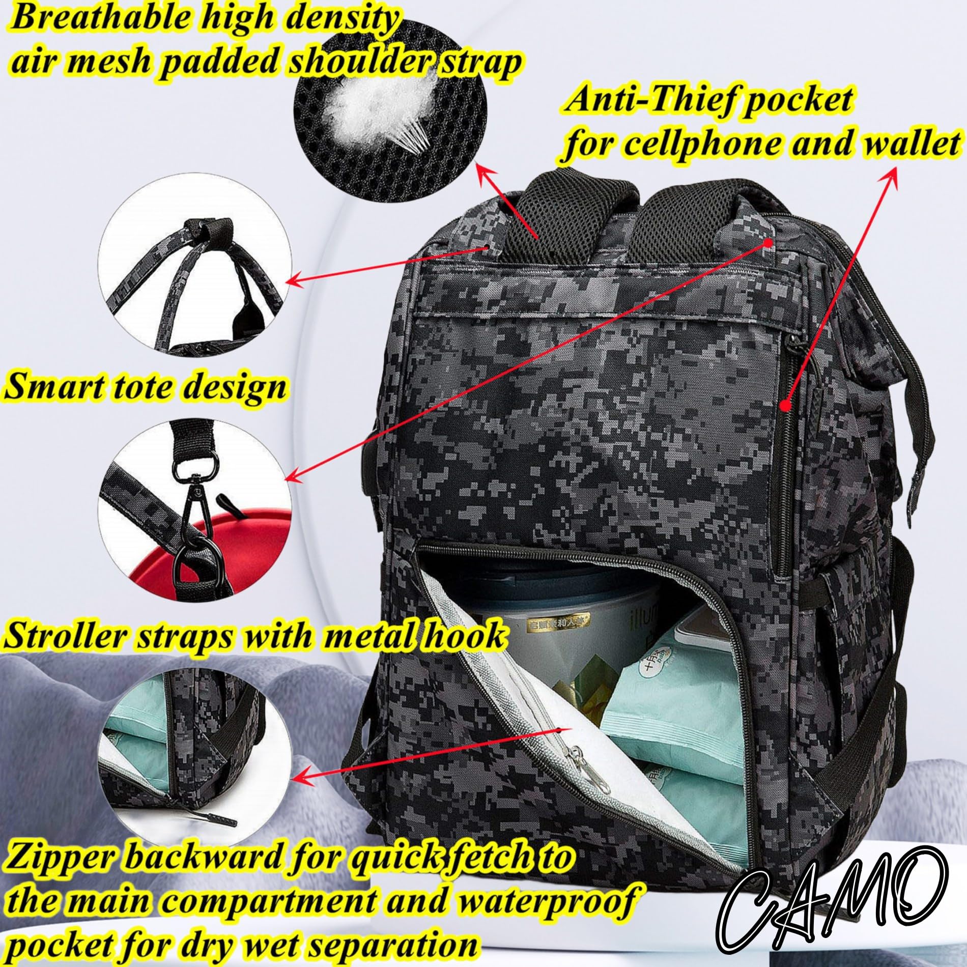 QWREOIA camo diaper bag stroller straps detail for hands-free outings.