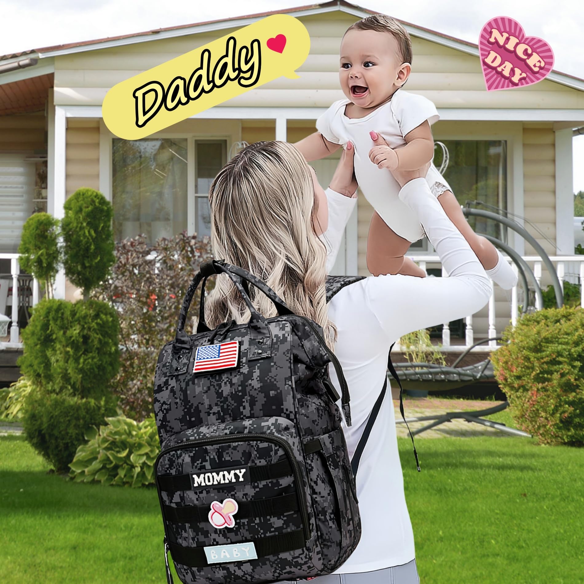 QWREOIA camo diaper bag features USB port for easy device charging.