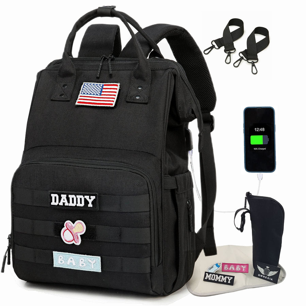 QWREOIA diaper bag backpack black front view with organized layout for outings