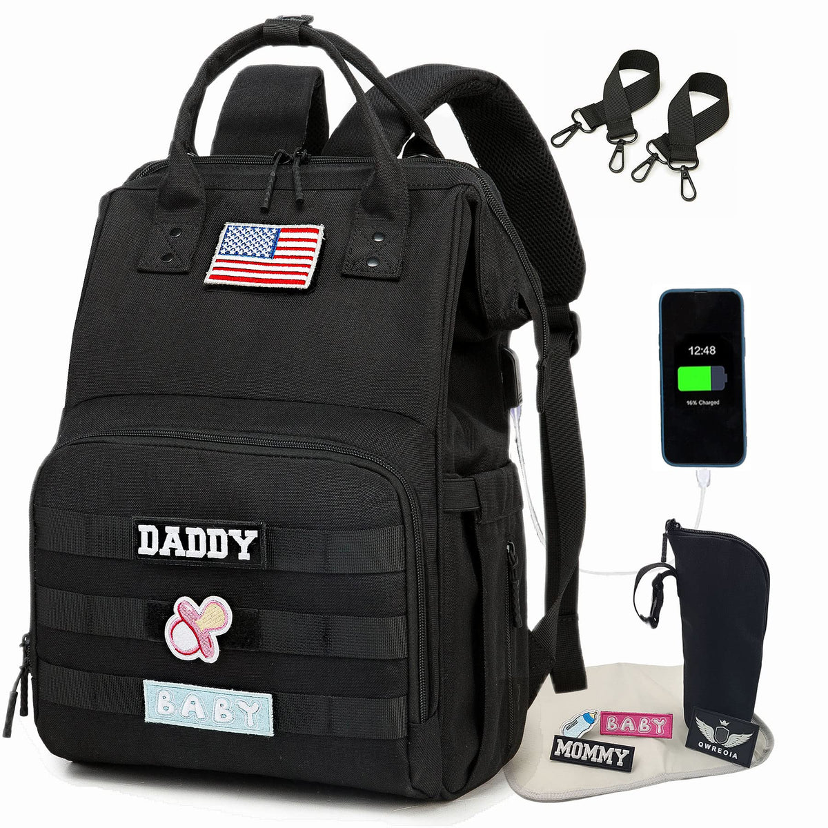 QWREOIA diaper bag backpack black front view with organized layout for outings