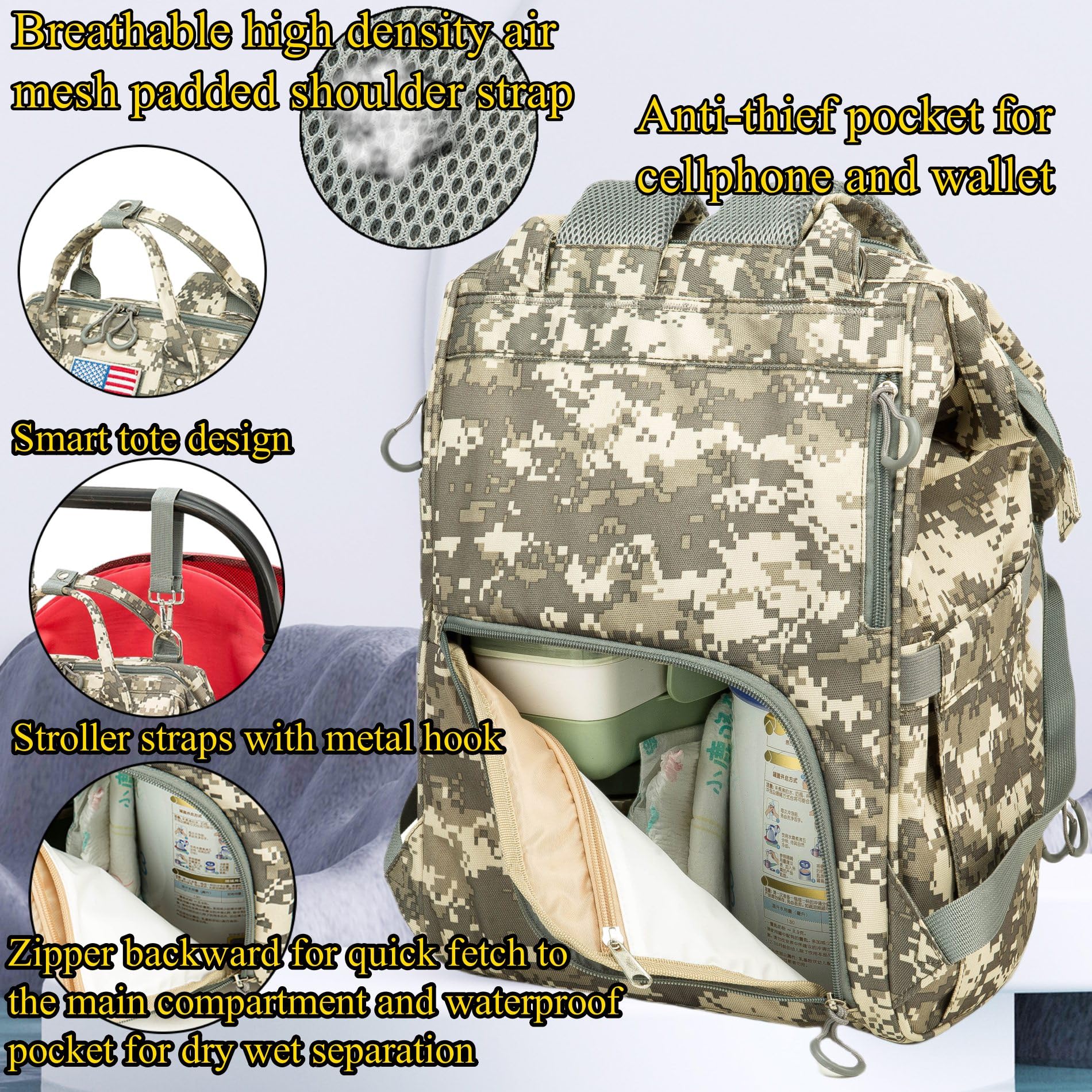 QWREOIA diaper bag camo changing pad included for quick diaper changes.