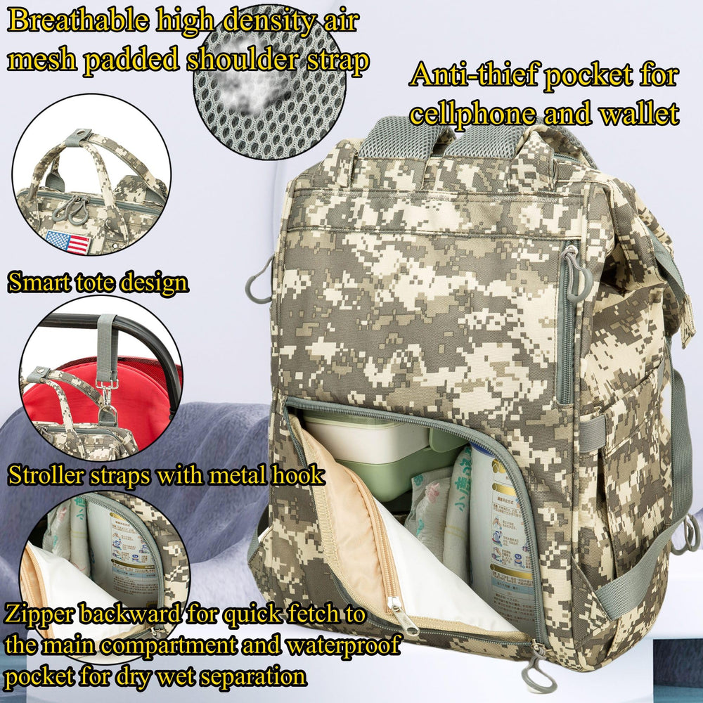 QWREOIA diaper bag camo changing pad included for quick diaper changes.
