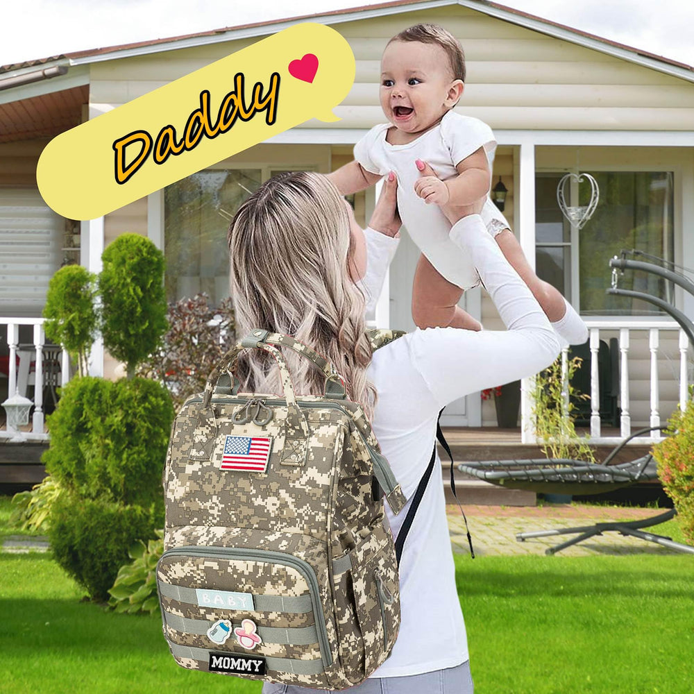 QWREOIA diaper bag camo convertible straps for backpack or tote use.