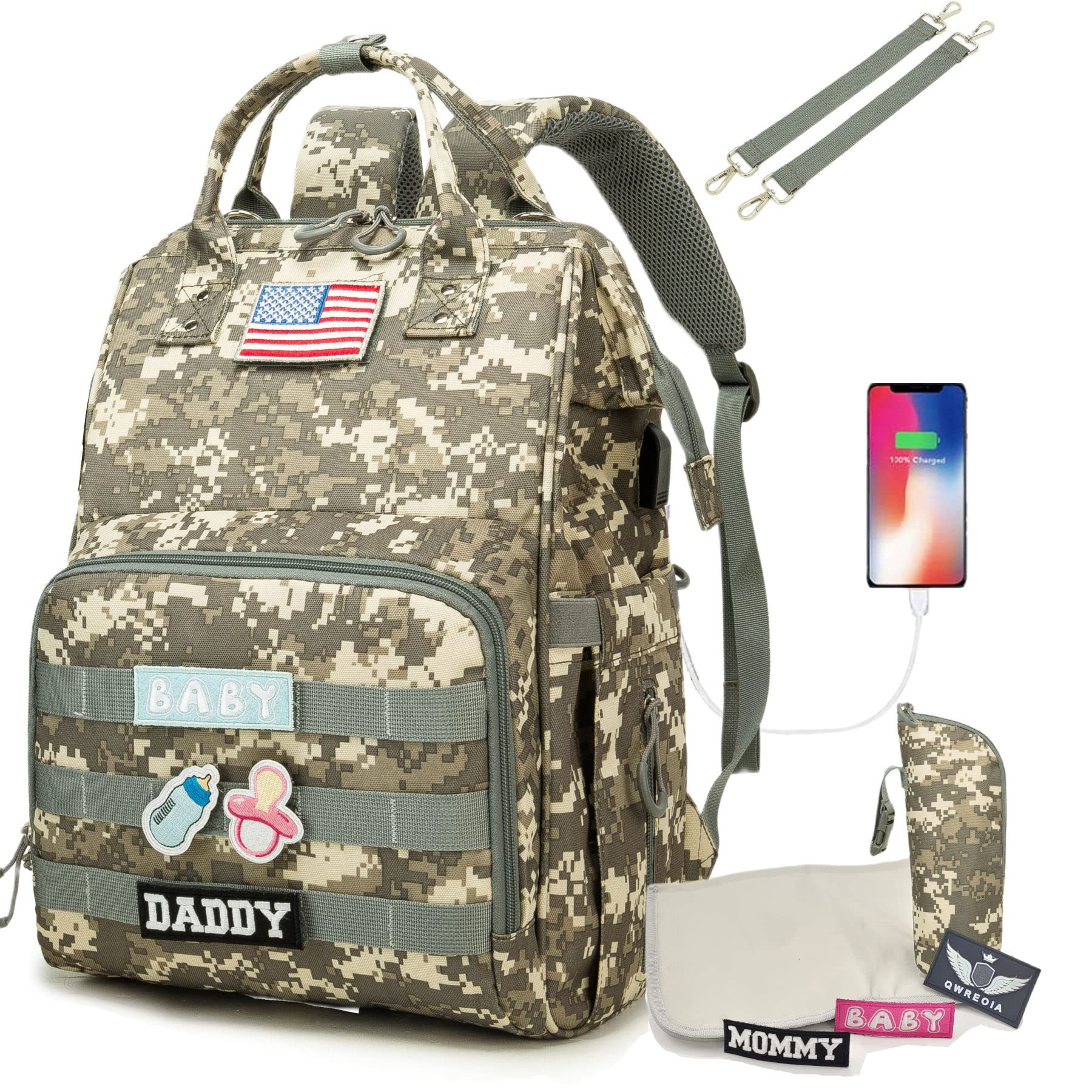 QWREOIA Diaper Bag Backpack camo front view shows rugged, parent-ready style.