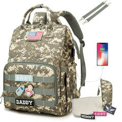 QWREOIA Diaper Bag Backpack camo front view shows rugged, parent-ready style.