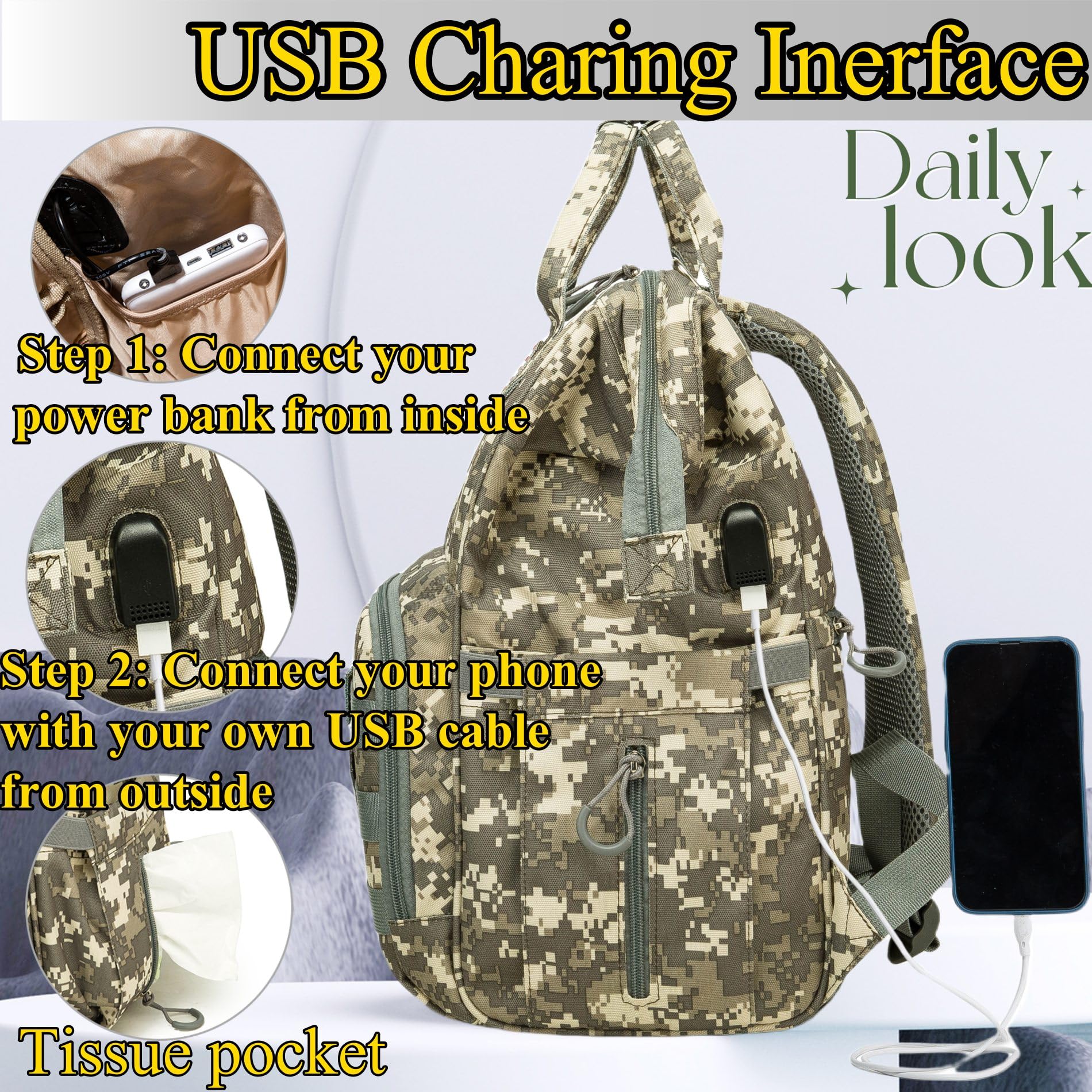QWREOIA diaper bag camo stroller straps demonstrate hands-free outings.