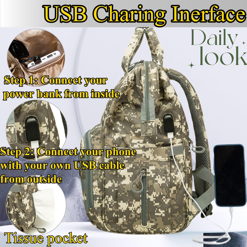 QWREOIA diaper bag camo stroller straps demonstrate hands-free outings.