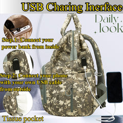 QWREOIA diaper bag camo stroller straps demonstrate hands-free outings.