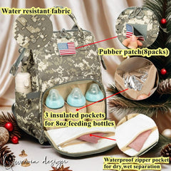 QWREOIA diaper bag camo usb charging port close-up enables mobile charging.