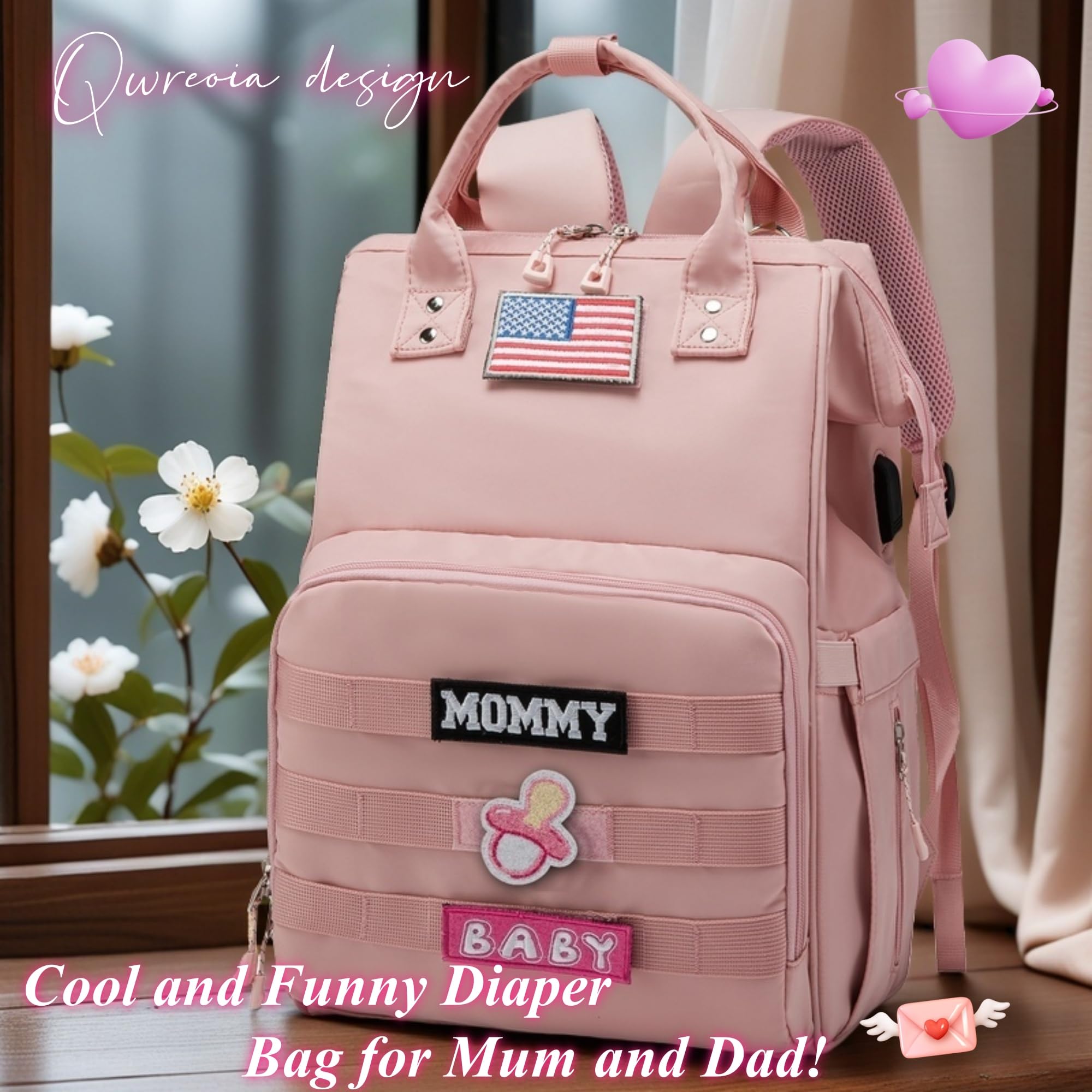 QWREOIA diaper bag backpack changing pad image shows comfort for diaper changes.
