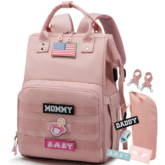 QWREOIA diaper bag backpack front view pink highlights roomy space for baby essentials.