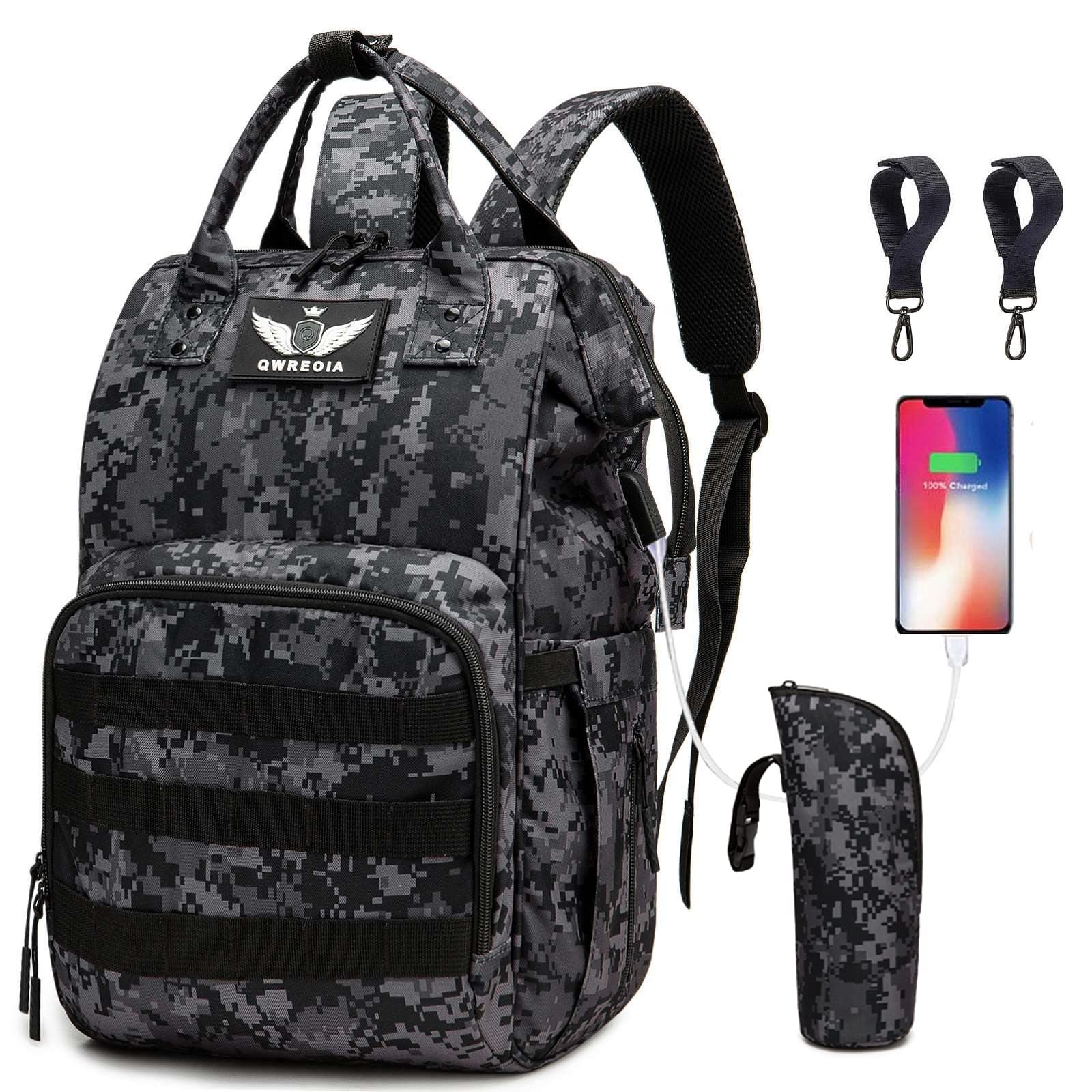 QWREOIA diaper bag backpack front view shows generous storage for essentials on the go
