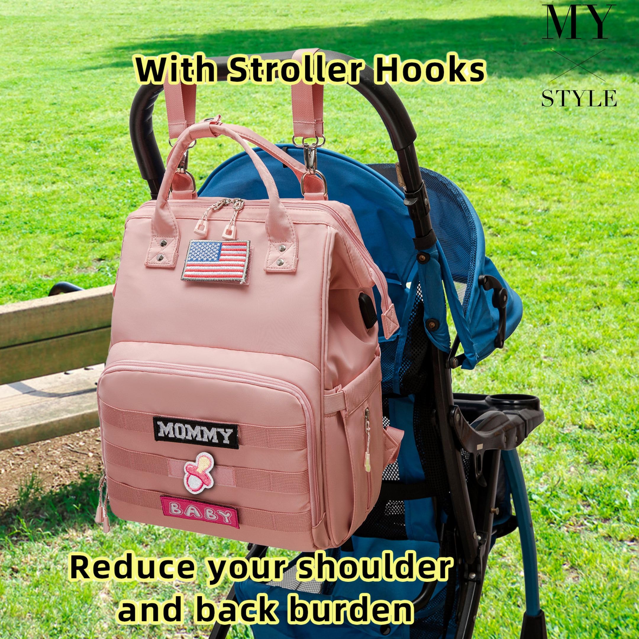 QWREOIA diaper bag backpack patches illustrates customization options.
