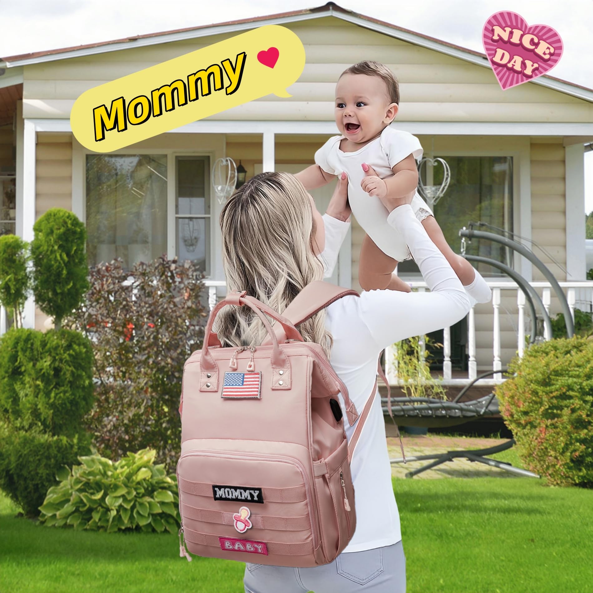 QWREOIA diaper bag backpack pocket-organization emphasizes quick item access.