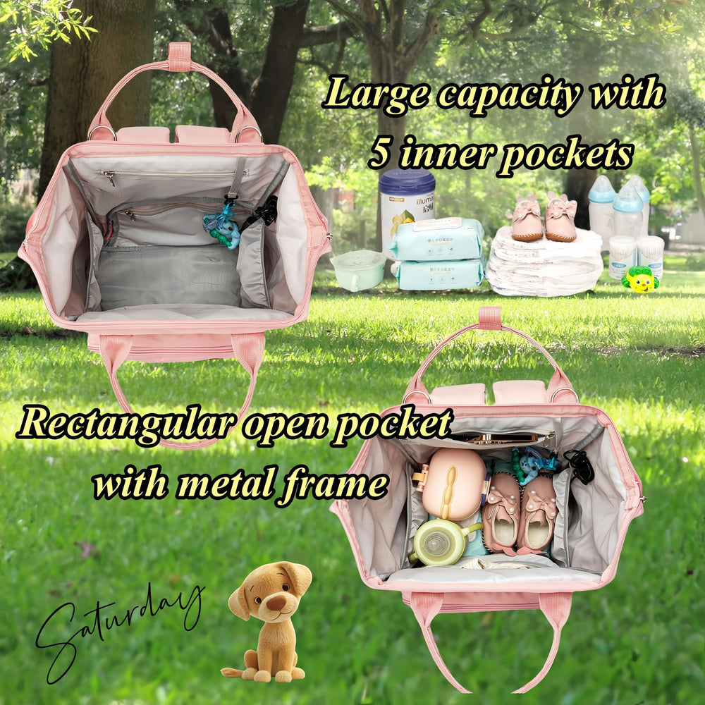 QWREOIA diaper bag backpack stroller-strap-setup shows secure travel with hands free.