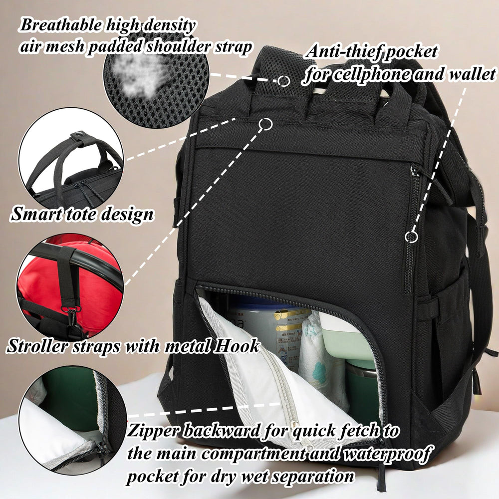 QWREOIA diaper bag with stroller straps for hands free mobility